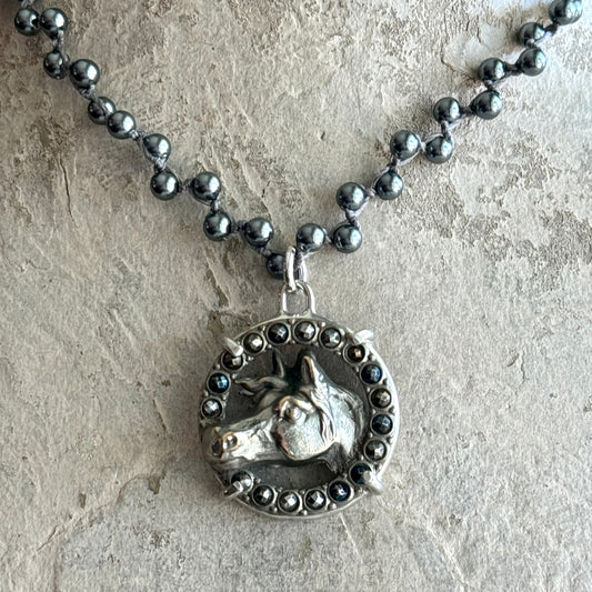 Large Cut Steel and Horse Head Button Necklace