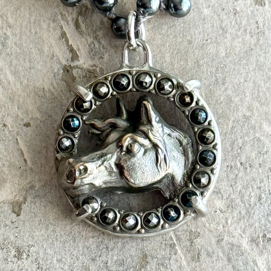 Large Cut Steel and Horse Head Button Necklace