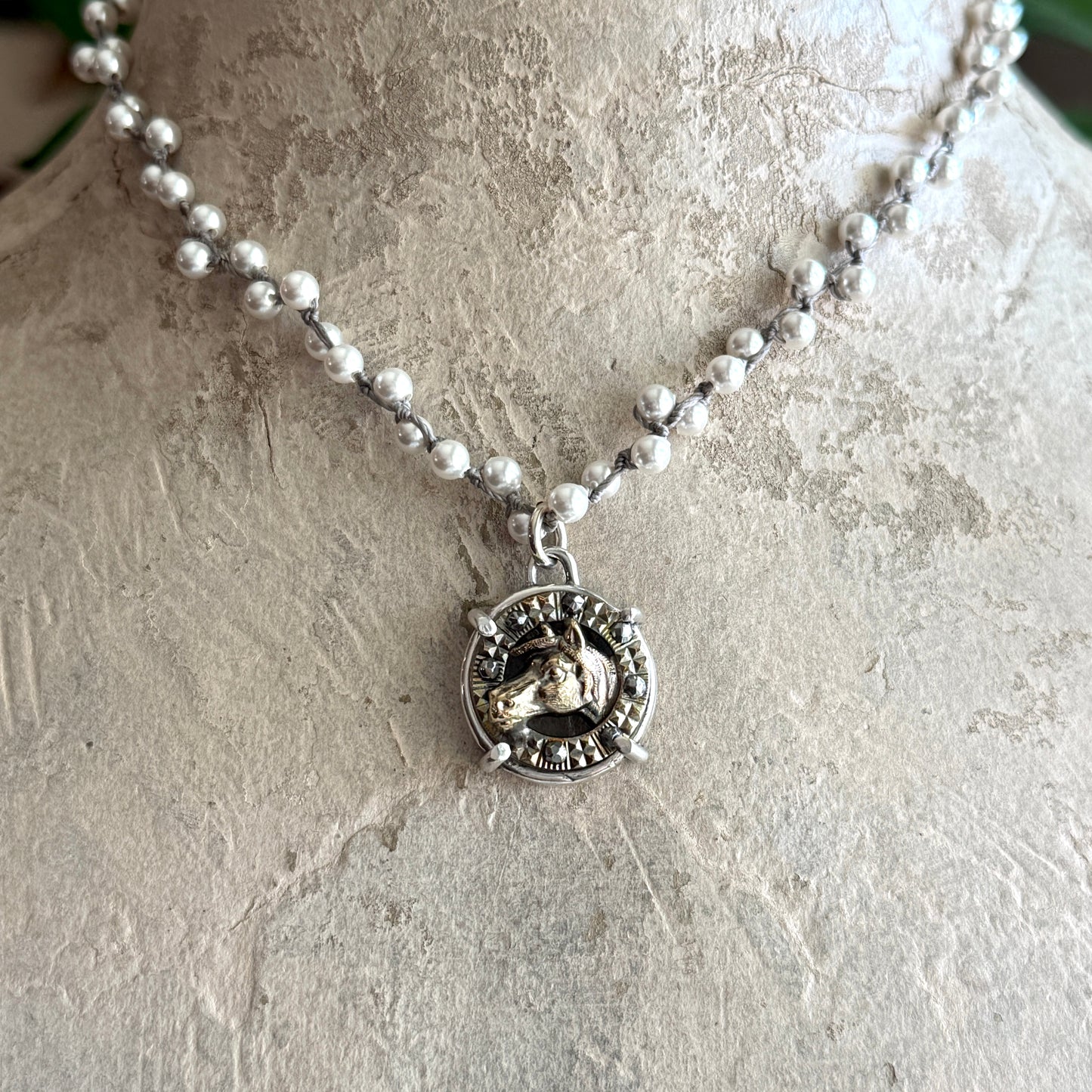 Small Cut Steel and Horse Head Button Necklace