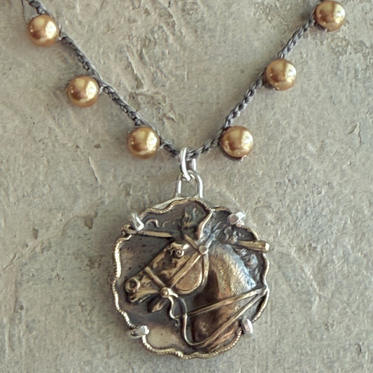 Scalloped Antique Horse Head Button Necklace