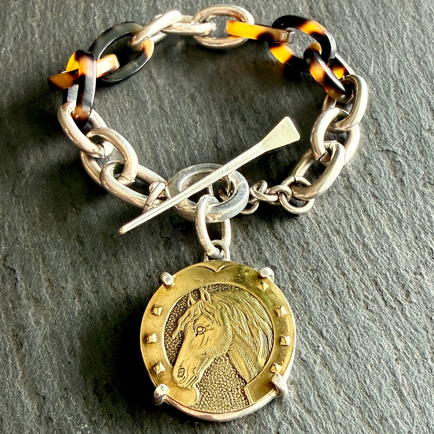 Sterling and Tortoise Shell Chain Bracelet with Horse Head Button