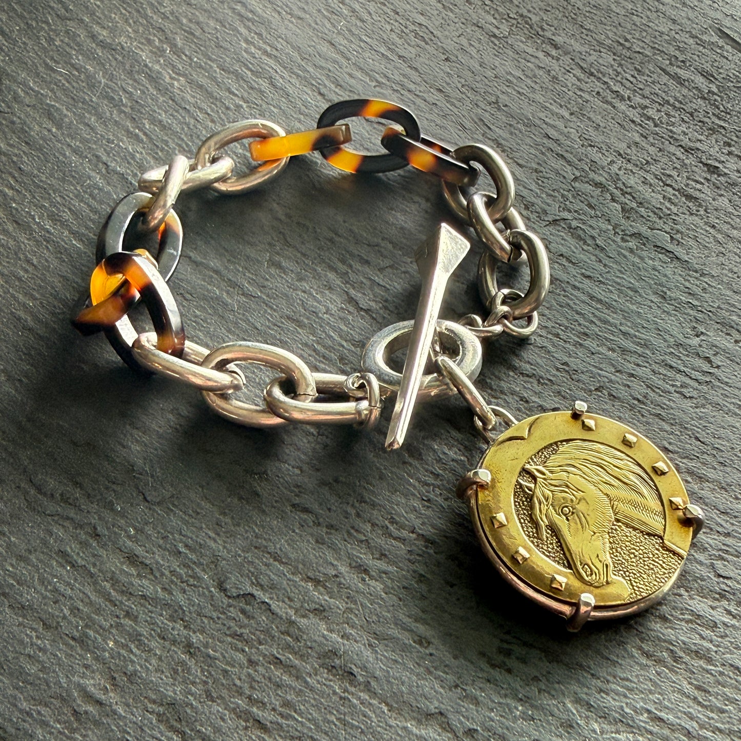 Sterling and Tortoise Shell Chain Bracelet with Horse Head Button
