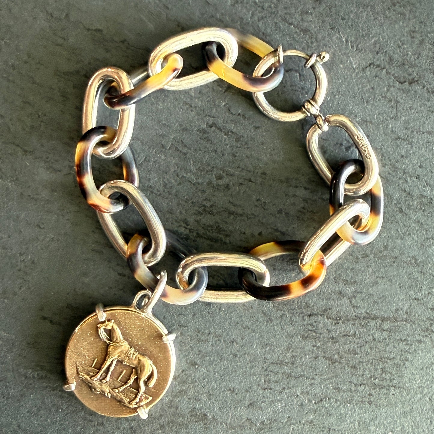 Sterling and Tortoise Shell Chain Bracelet with Horse Medal