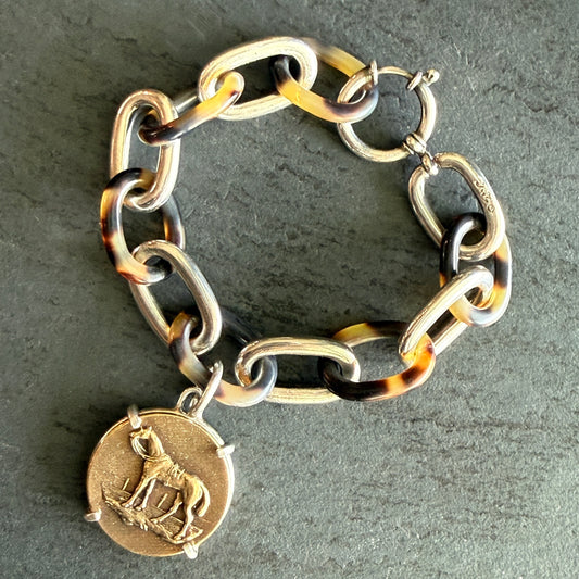 Sterling and Tortoise Shell Chain Bracelet with Horse Medal