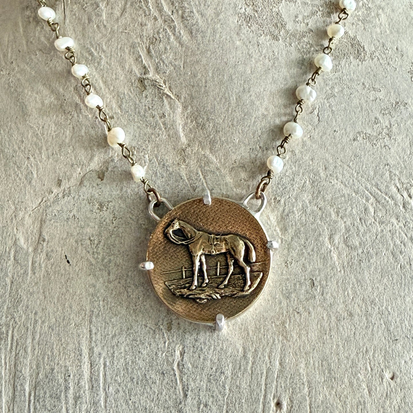 Classic Bronze Hunter Horse Necklace on Wire Wrapped Pearls
