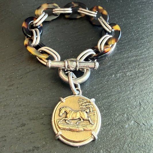Sterling and Tortoise Shell Chain Bracelet with Horse Medal