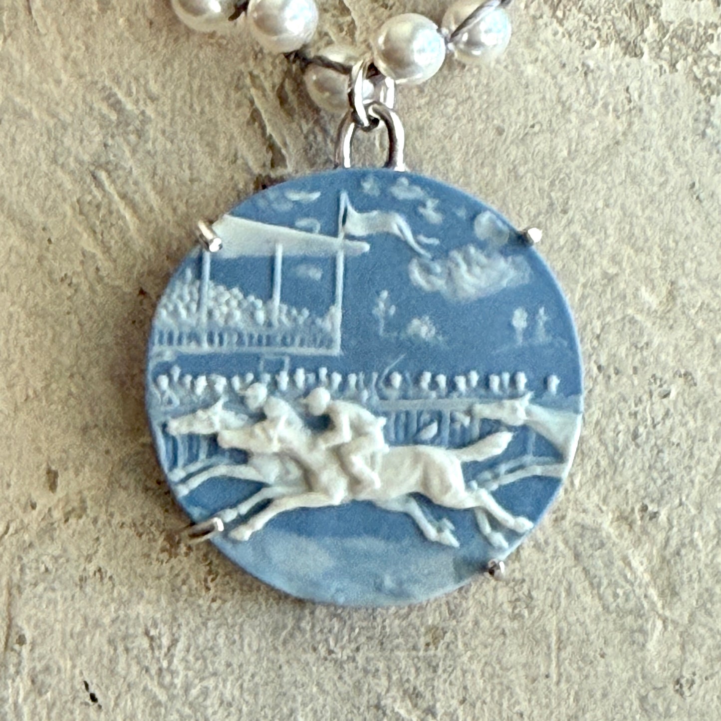 Large Jasperware Racing Scene on White Pearl Necklace