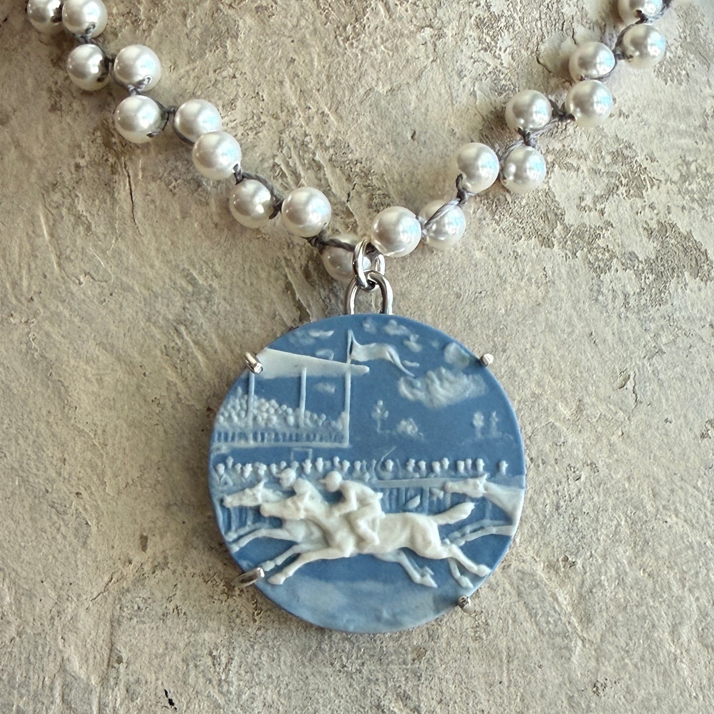 Large Jasperware Racing Scene on White Pearl Necklace