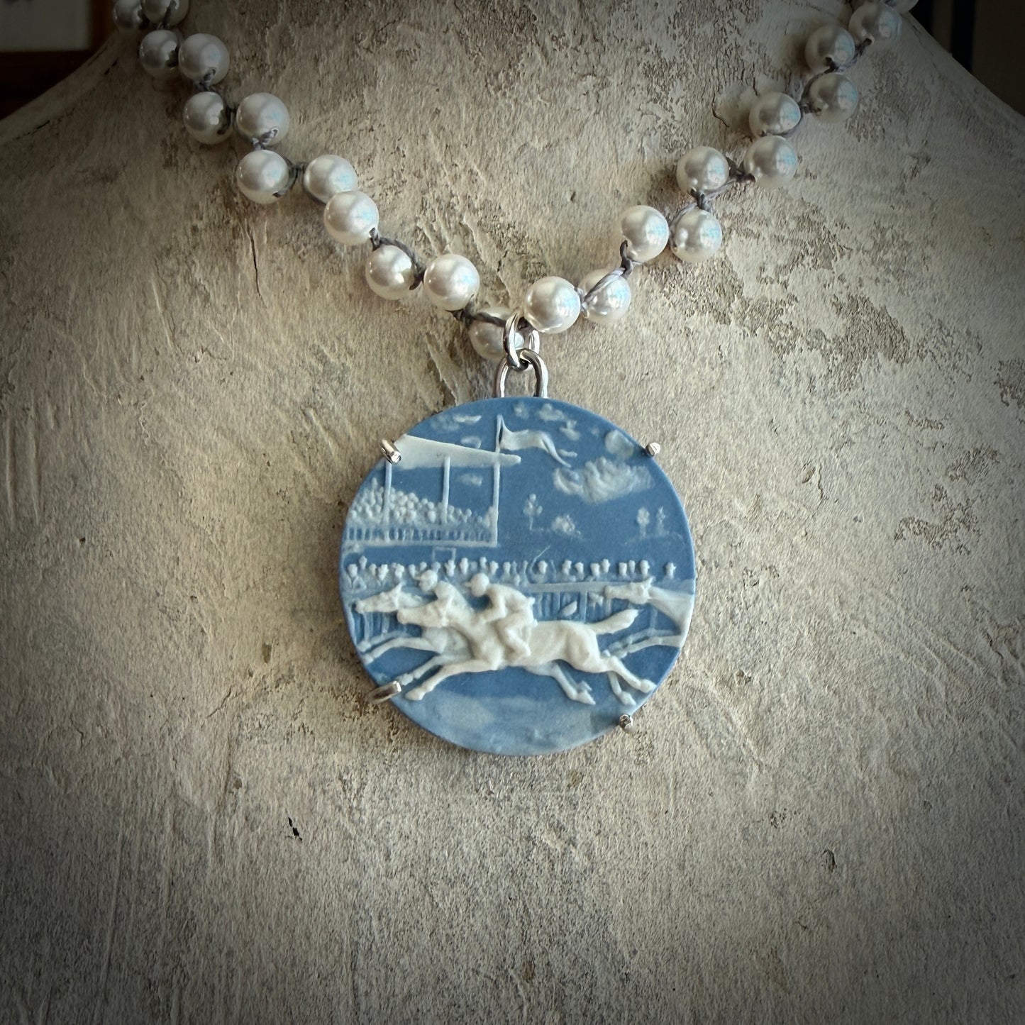 Large Jasperware Racing Scene on White Pearl Necklace
