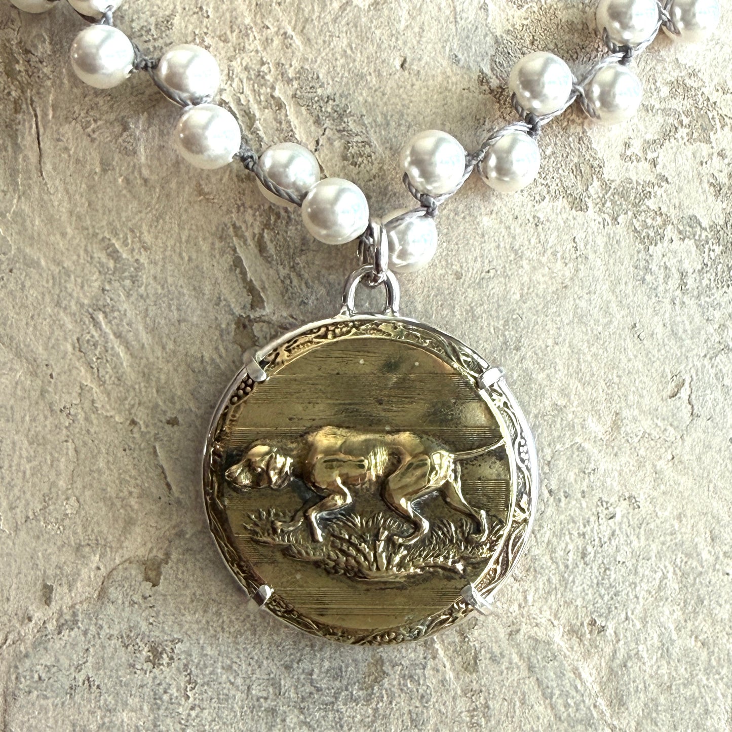 1800's  Brass Hound Dog Button Necklace