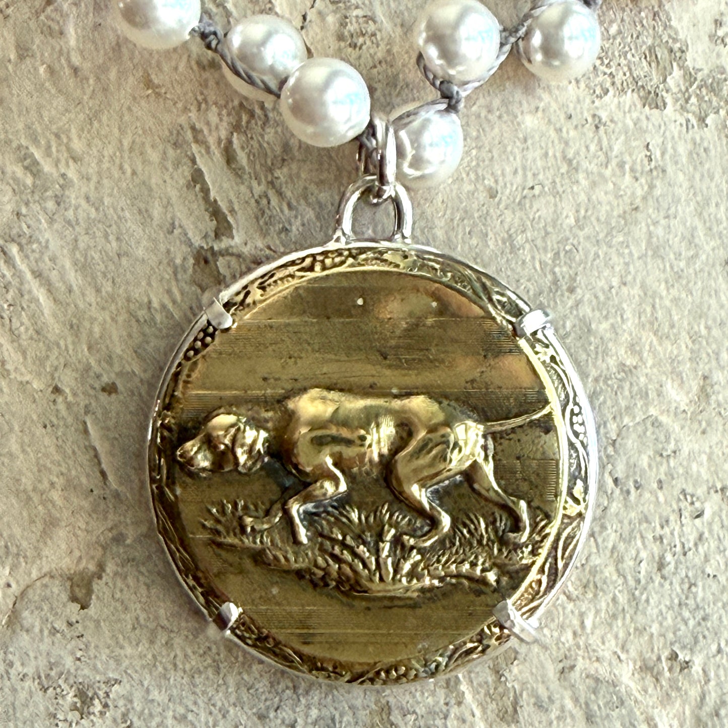 1800's  Brass Hound Dog Button Necklace