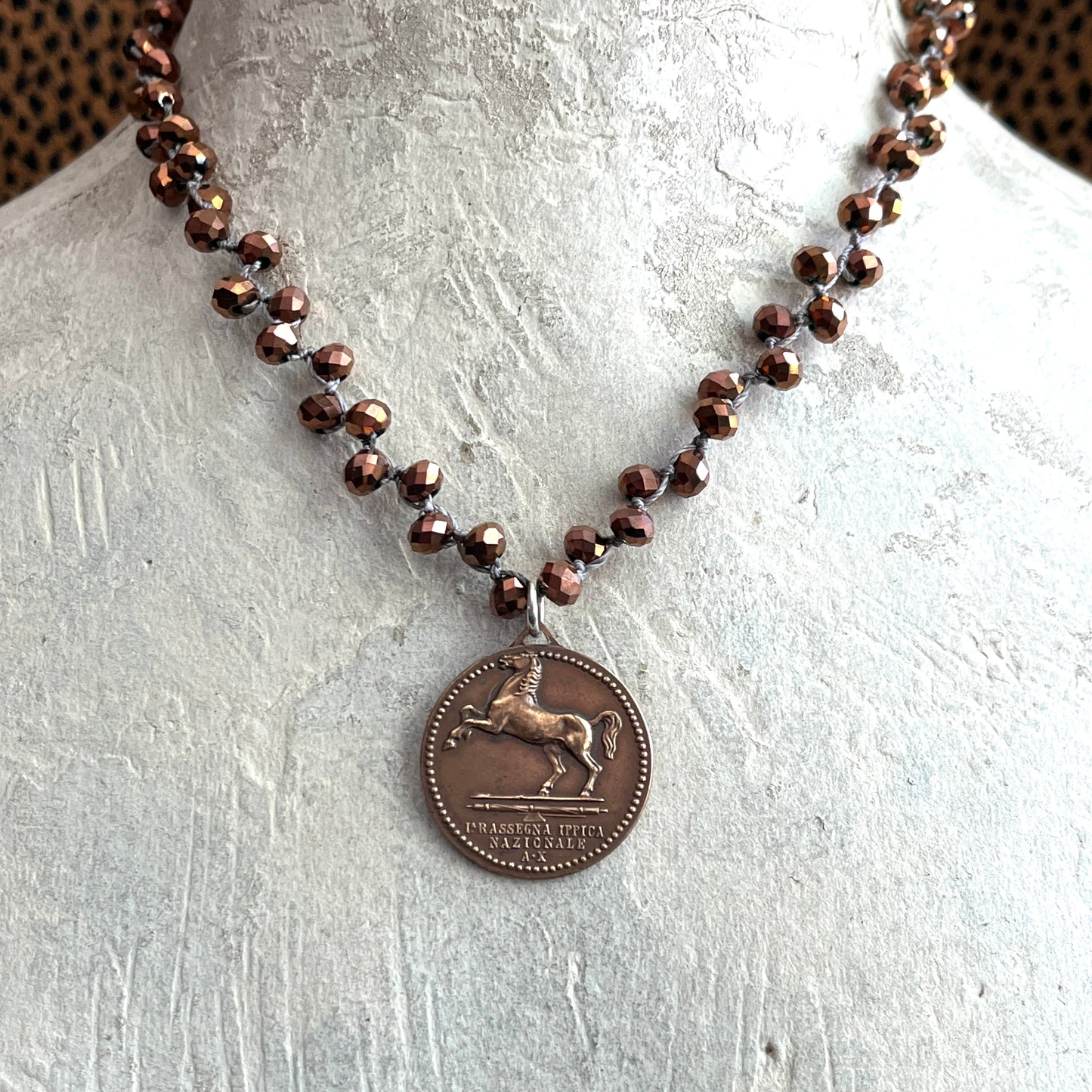 Bronze Roman Horse Medal on Copper Crystal Necklace