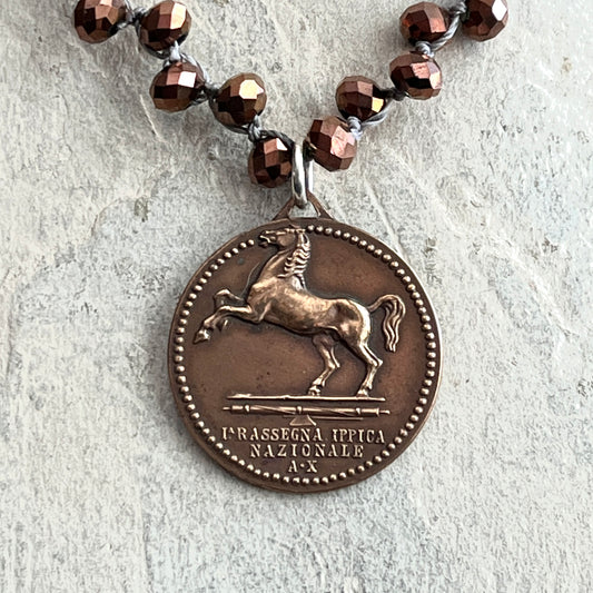 Bronze Roman Horse Medal on Copper Crystal Necklace