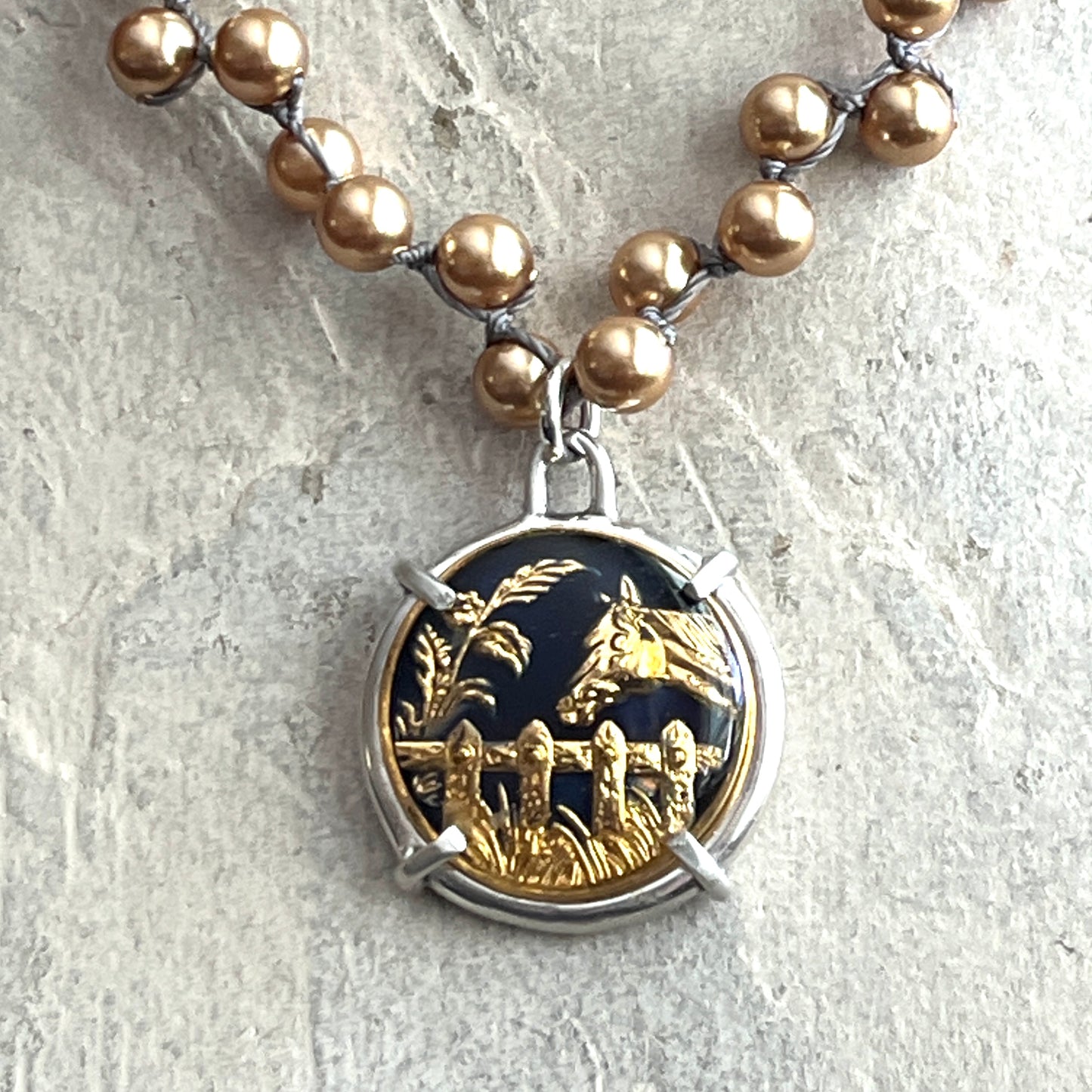 Gilt Enamel Horse Button on Pearl Necklace