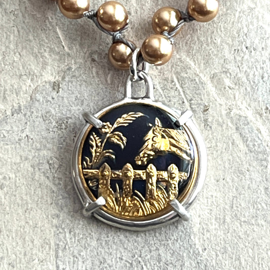 Gilt Enamel Horse Button on Pearl Necklace