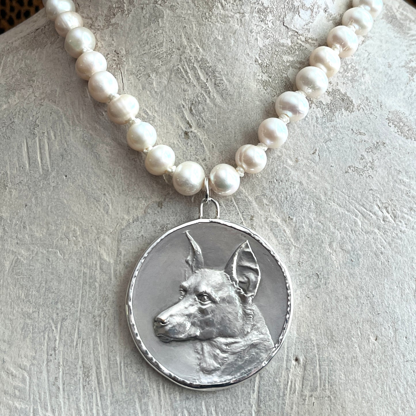 Silver Shepherd Dog on Pearl Necklace