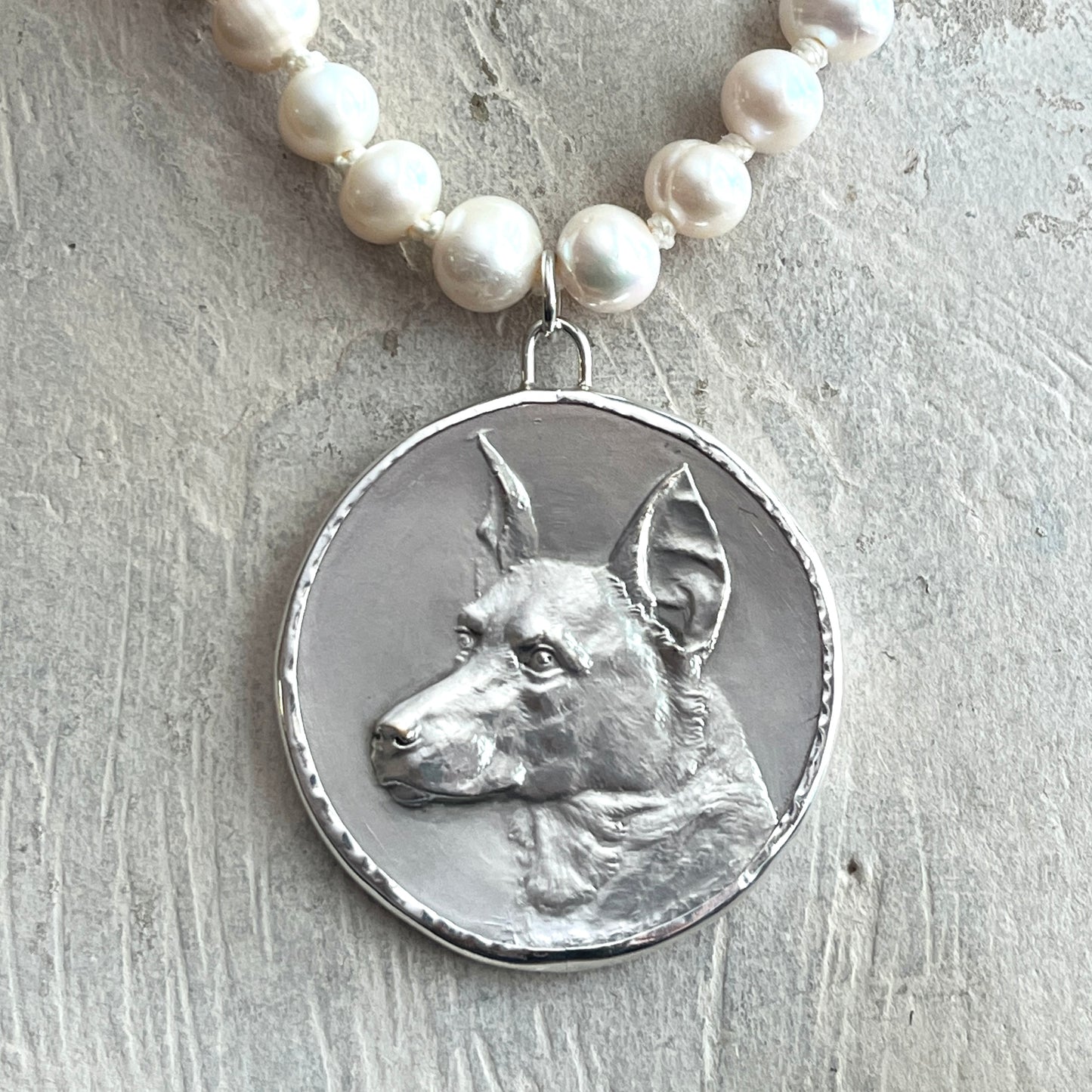 Silver Shepherd Dog on Pearl Necklace