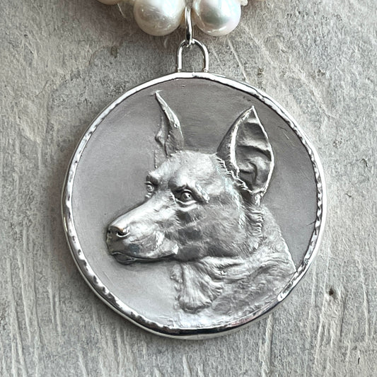 Silver Shepherd Dog on Pearl Necklace
