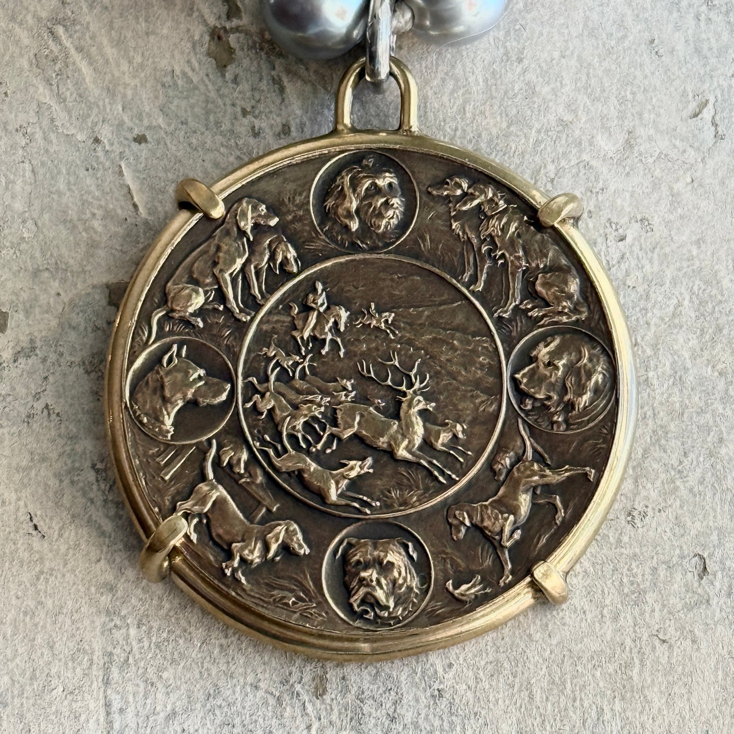 Hunting in the Round Medal on Pearl Necklace