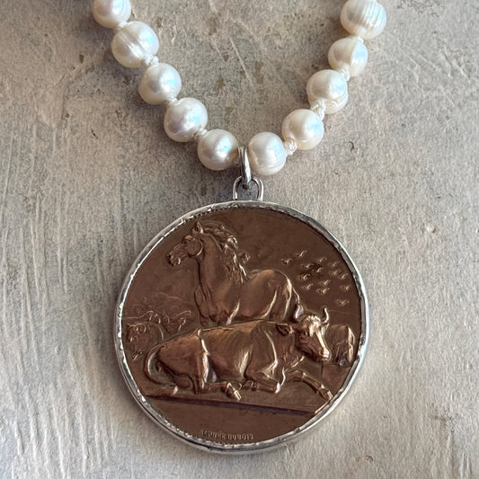 Agricultural Fair Award Medal On Pearl Necklace