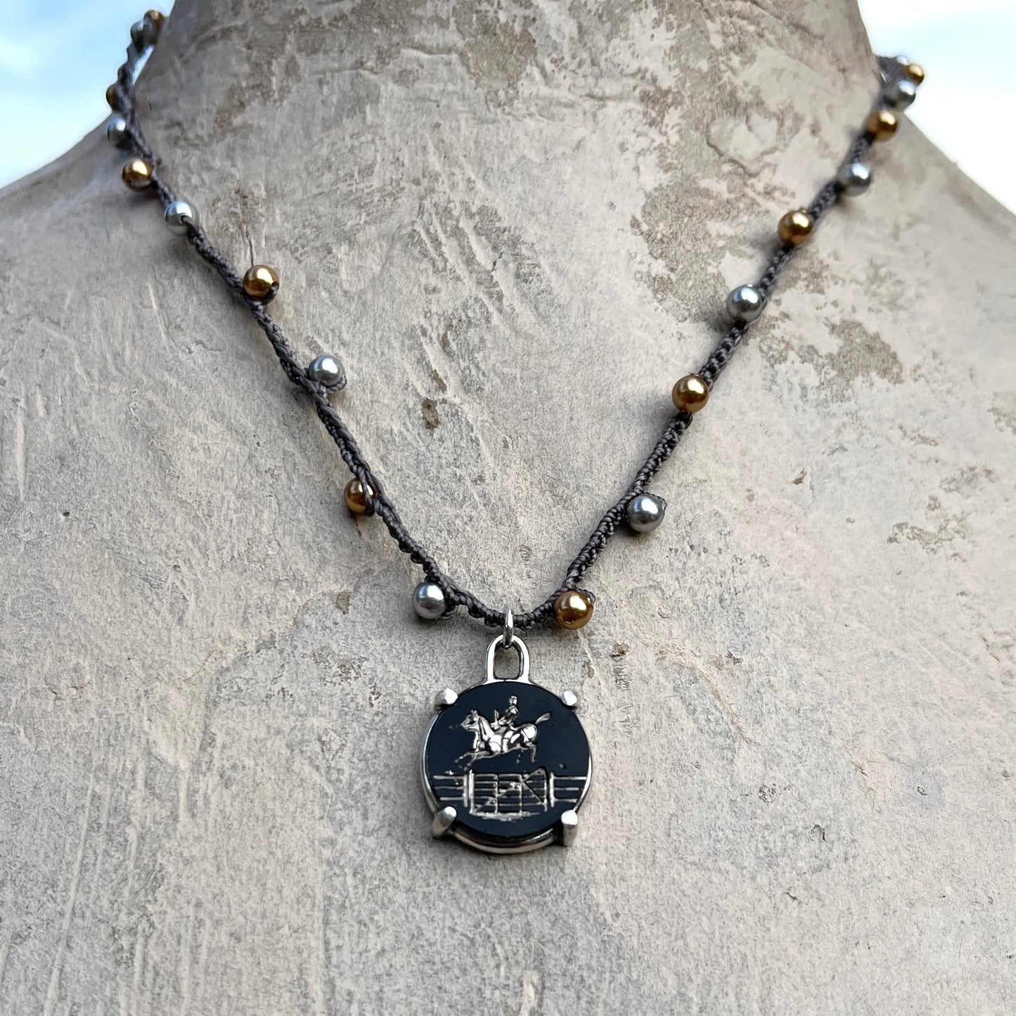 Onyx Engraved Horse Button Necklace