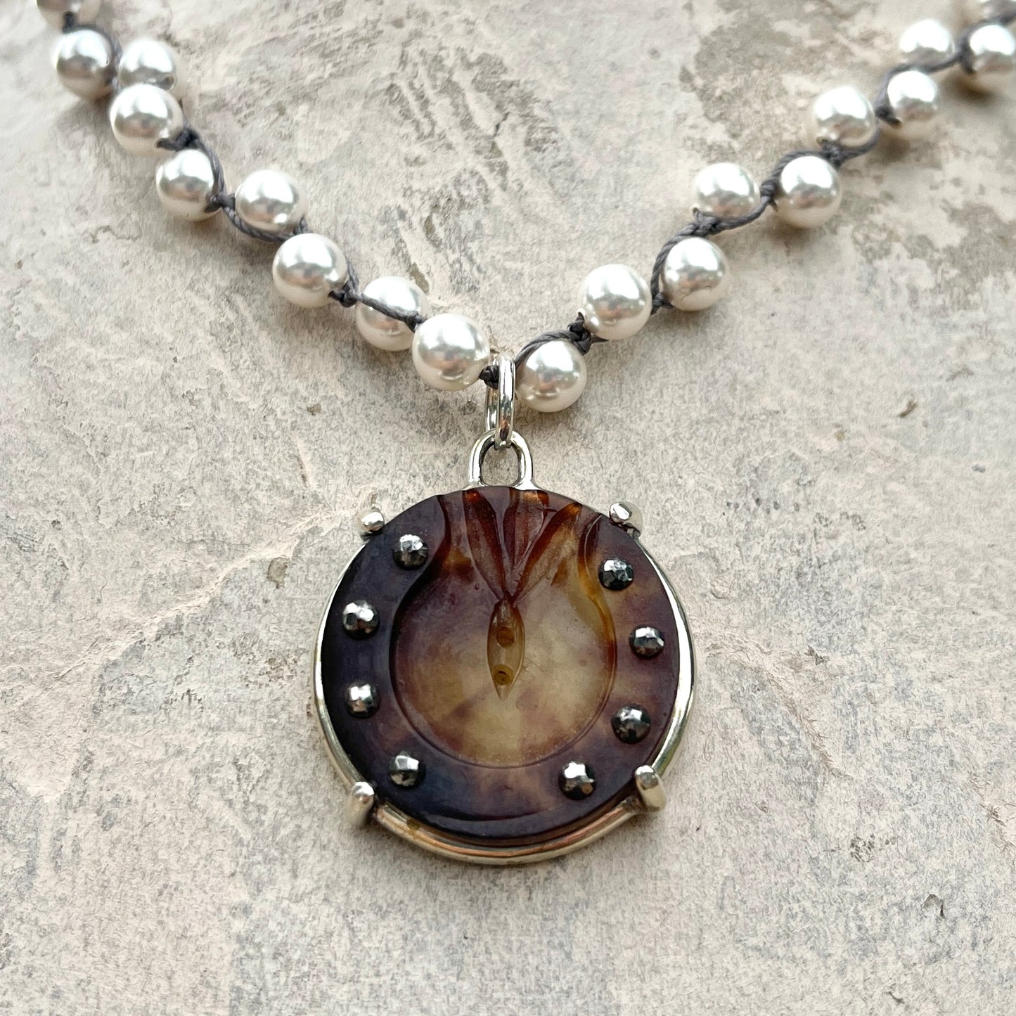 Vintage Tortoise Shell Horseshoe Button Necklace