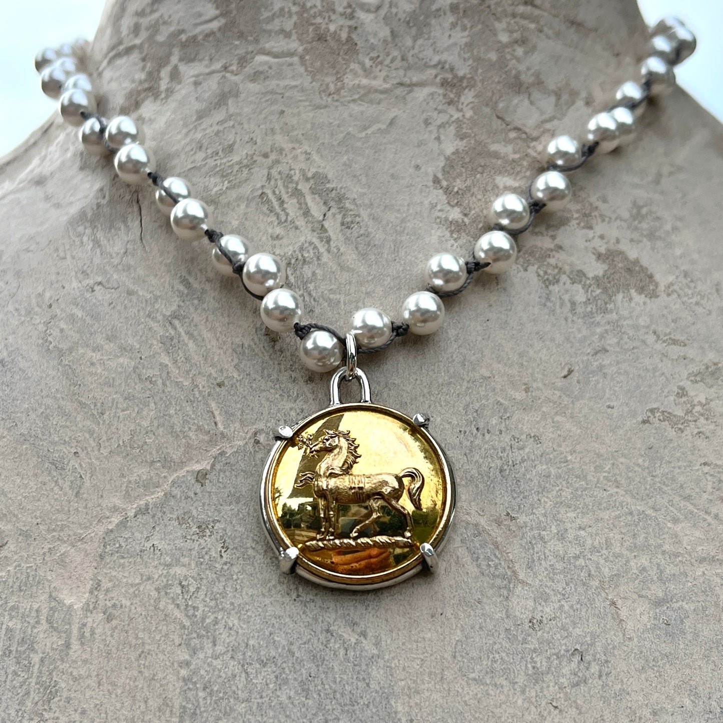 Vintage Brass Livery Horse Button on Pearl Necklace