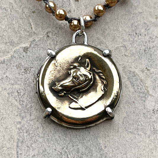 Vintage Brass Horse Head Button on Pearl Necklace
