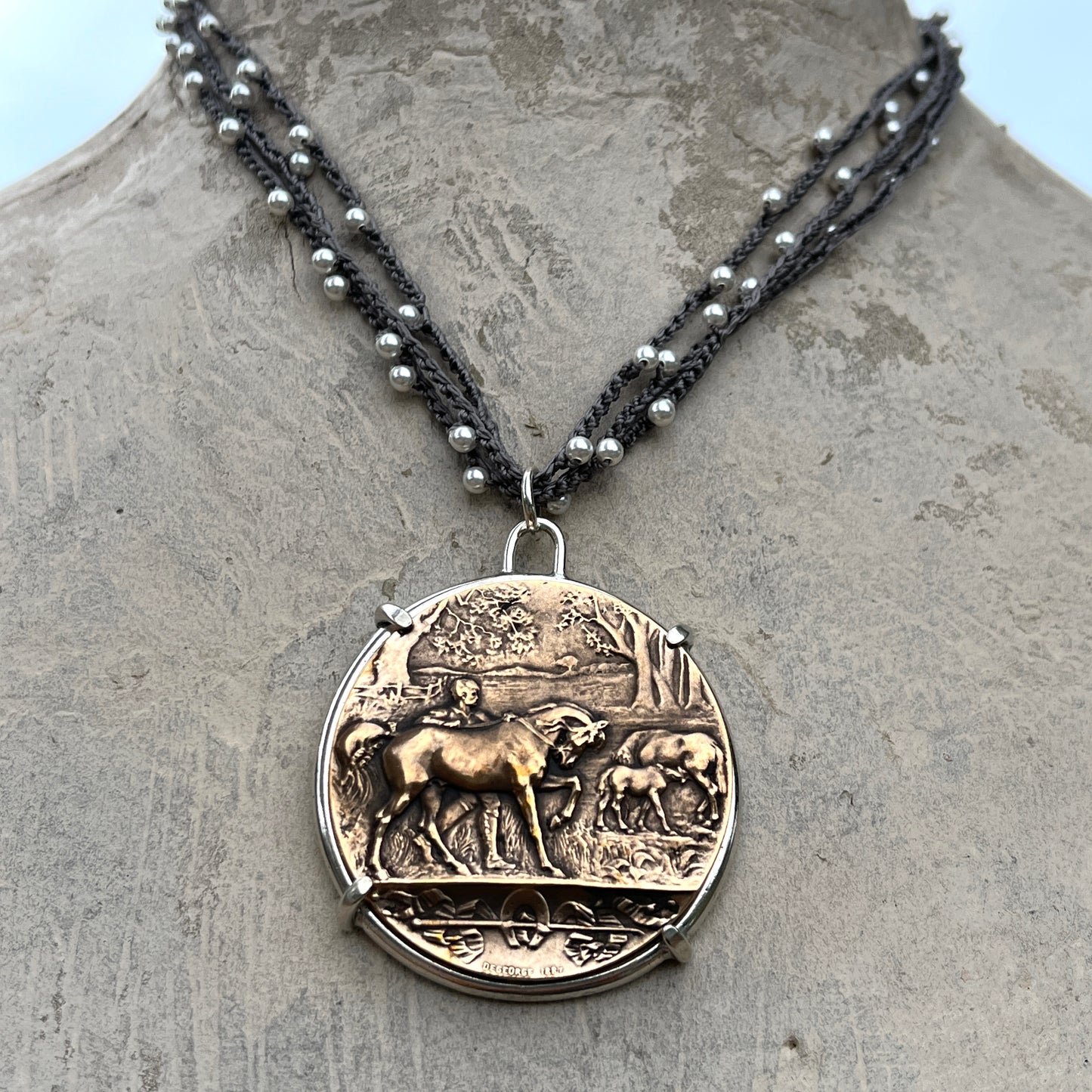 1913 Bucolic Horse Medal on Triple Strand Necklace