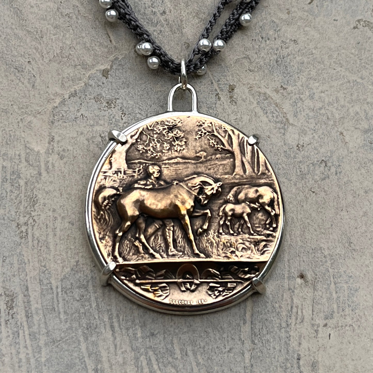 1913 Bucolic Horse Medal on Triple Strand Necklace