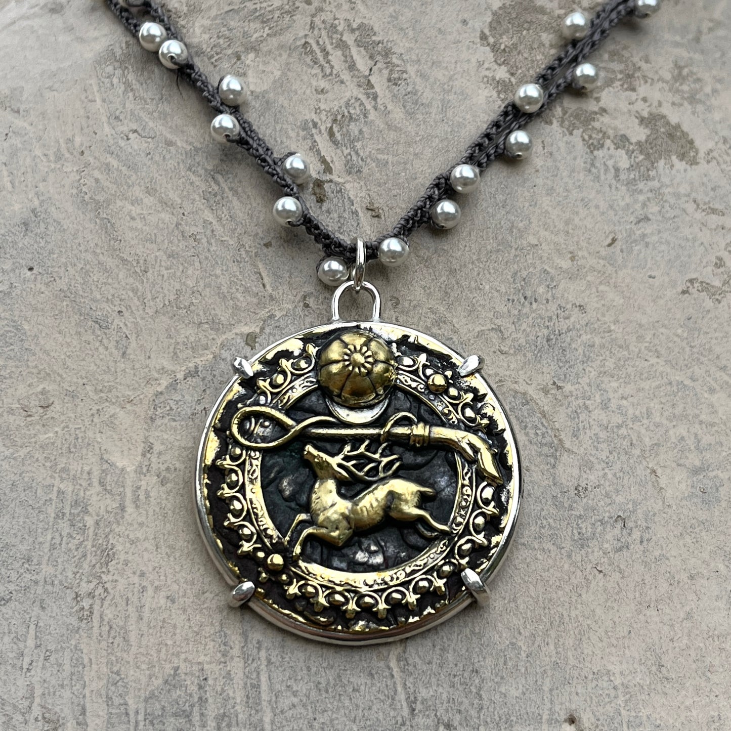Stag Hunt Button on Pearl Necklace