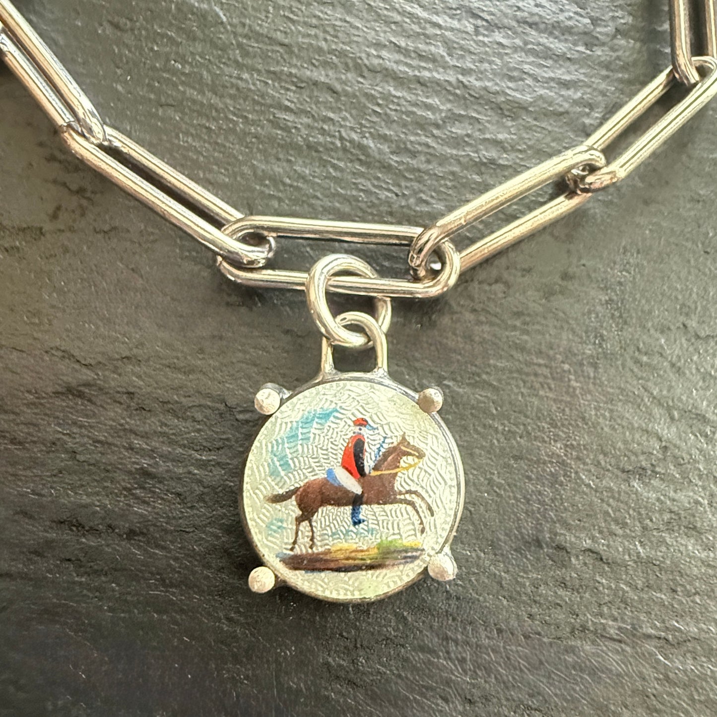 Sterling Paperclip Bracelet with Antique Guilloche' Button