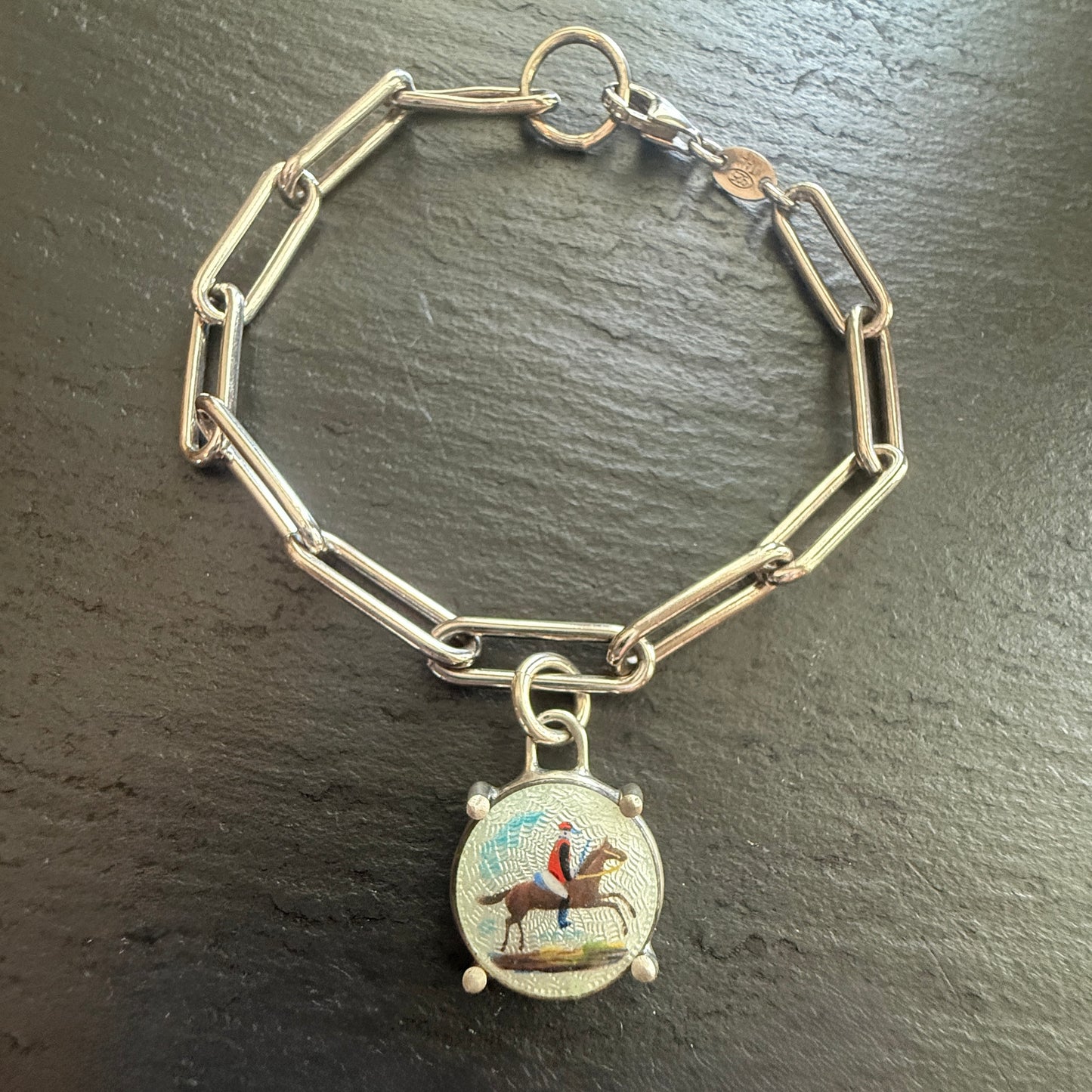 Sterling Paperclip Bracelet with Antique Guilloche' Button