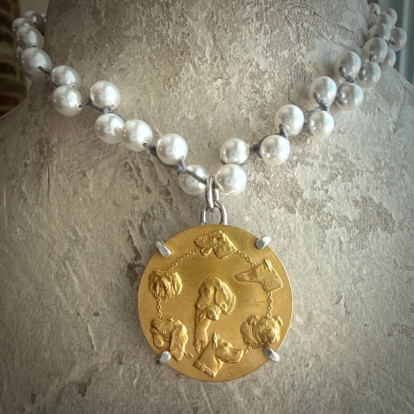 Gilded Dog Show Medal on Pearl Necklace