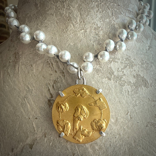 Gilded Dog Show Medal on Pearl Necklace