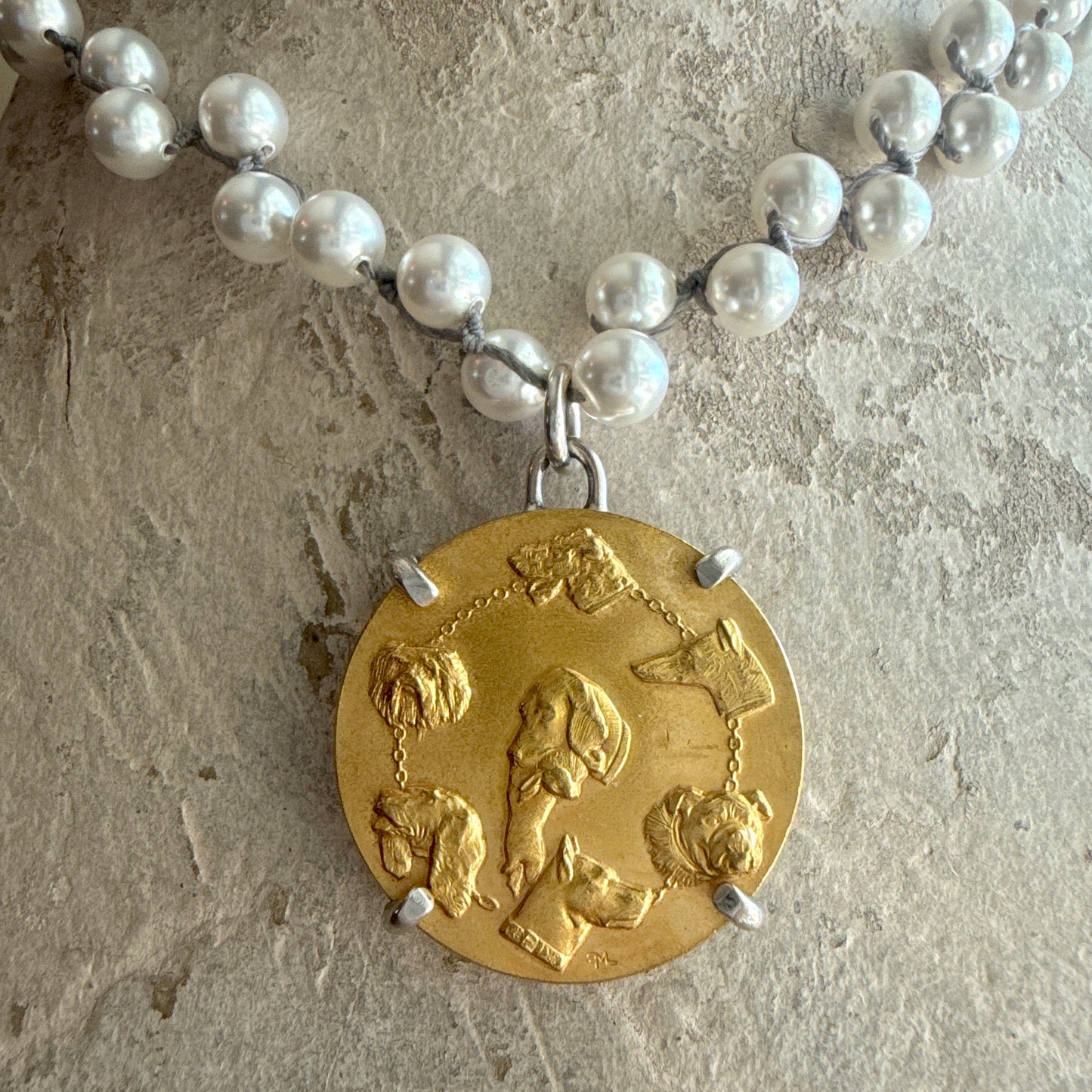Gilded Dog Show Medal on Pearl Necklace