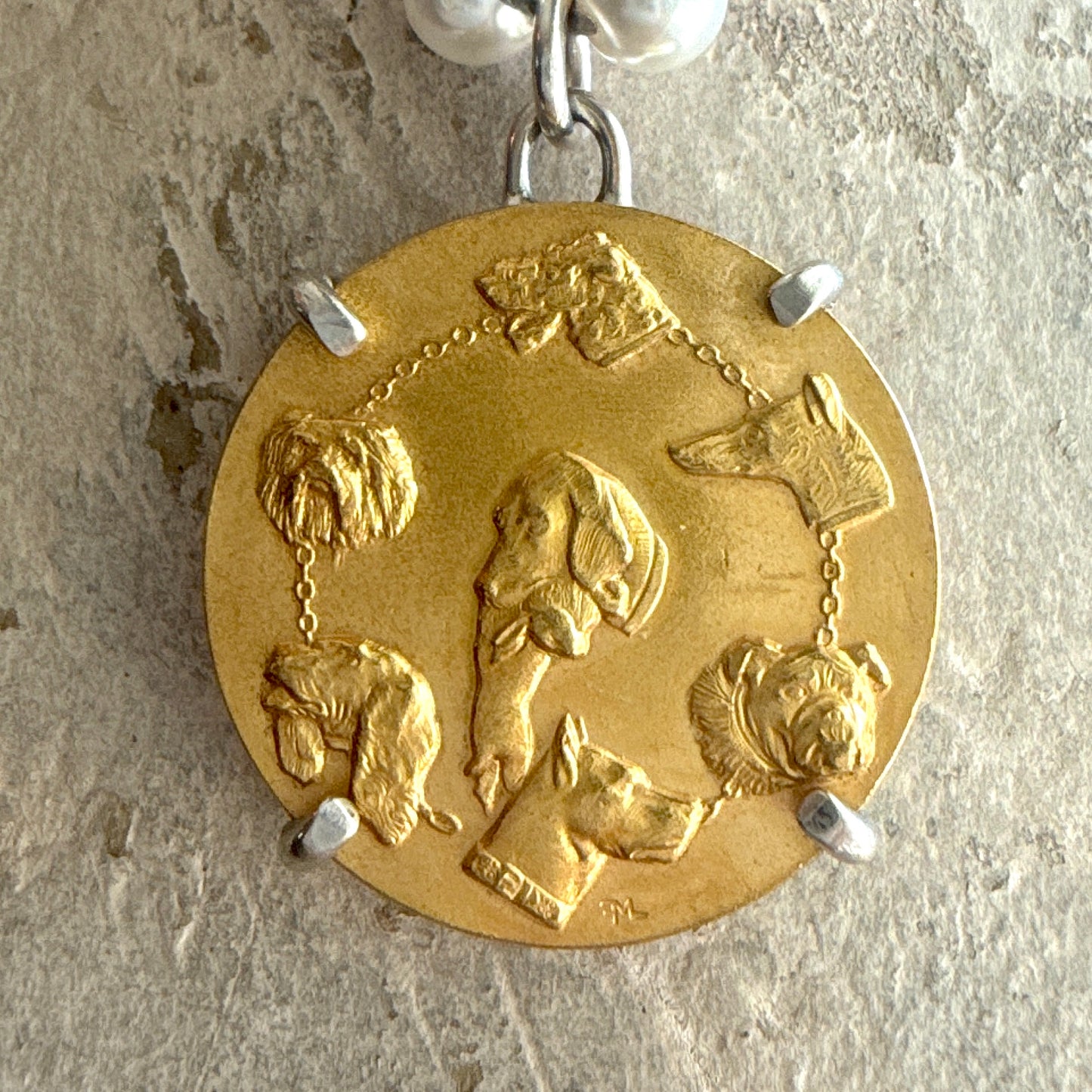 Gilded Dog Show Medal on Pearl Necklace