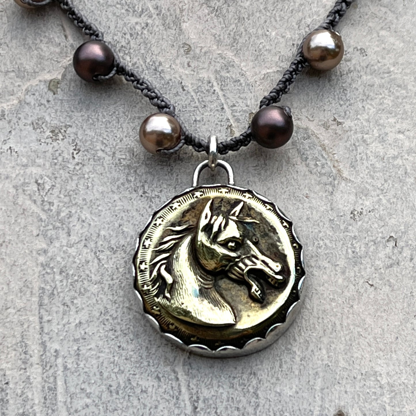 Star Detail Brass Baroque Horse Head Button on Pearl Necklace