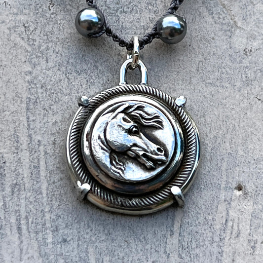 Vintage Baroque Silver Horse Head Button on Pearl Necklace