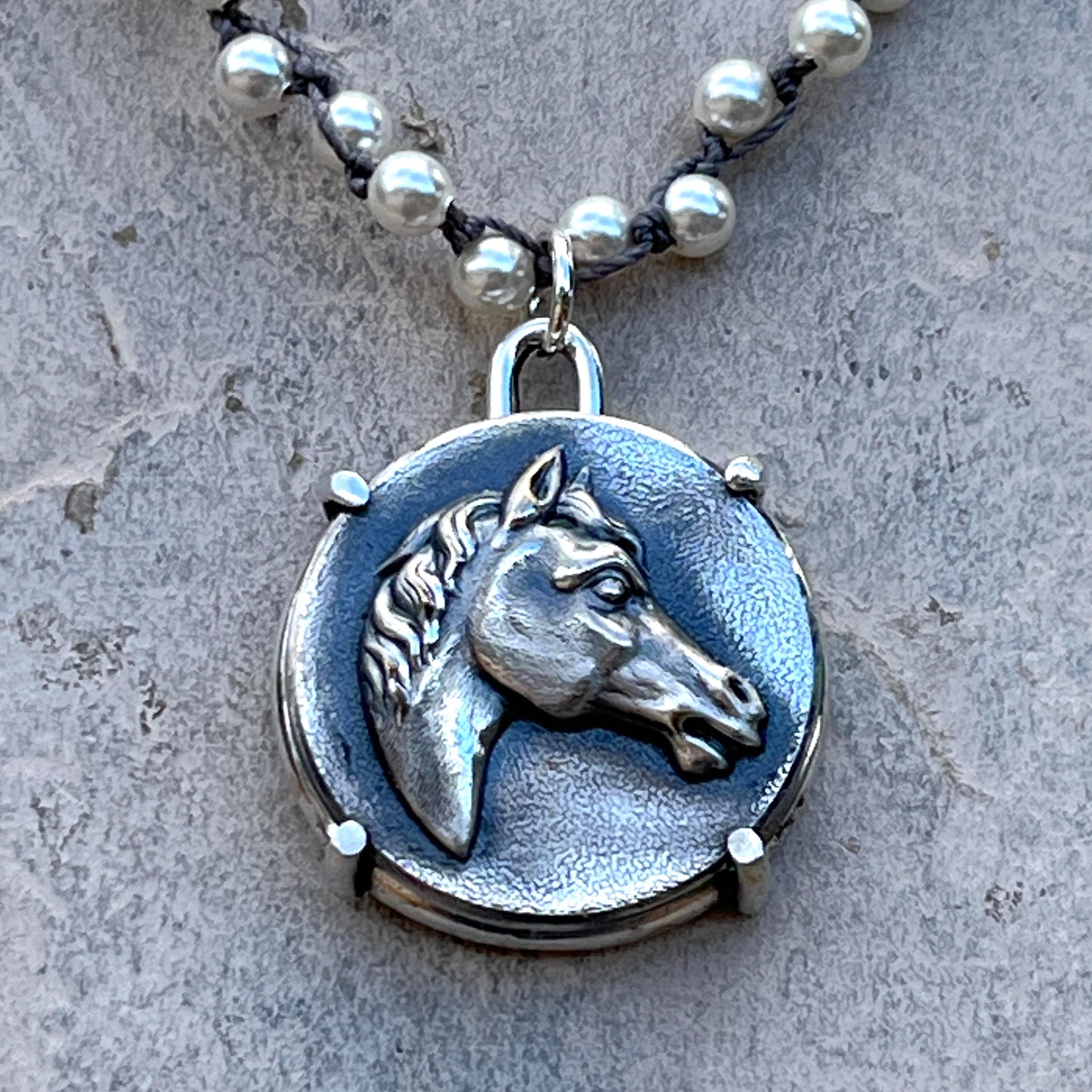 Vintage Silver-Plated  Horse Head Button on Pearl Necklace