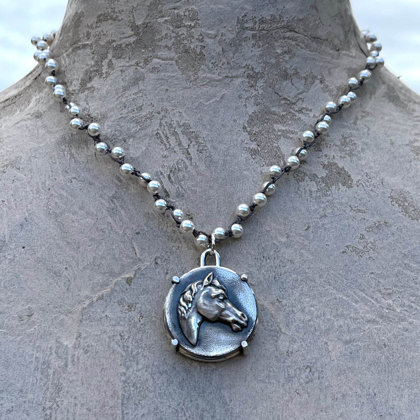 Vintage Silver-Plated  Horse Head Button on Pearl Necklace