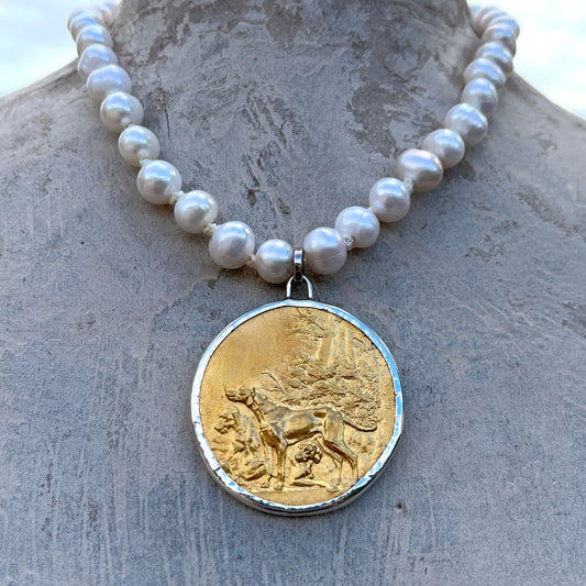 Gilded French Dog Show Medal on Pearl Necklace