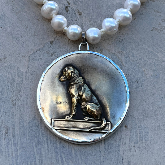 Bronze Retriever Medal on Pearl Necklace