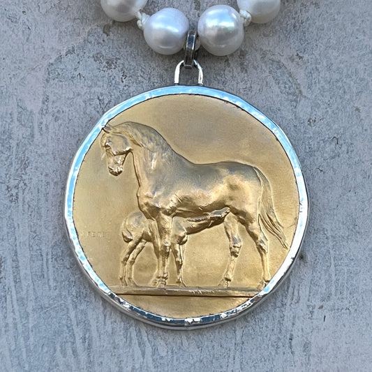 Gilded Mare & Foal Medal on Pearl Necklace