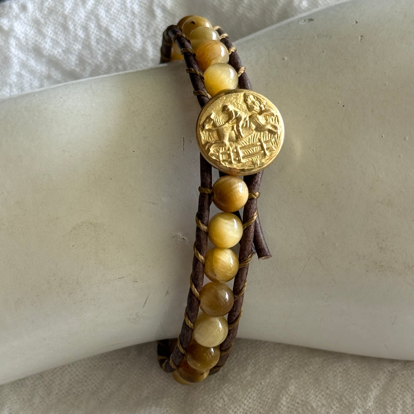 Leather Wrap Bracelet with Golden Tigers Eye & Brass Jumping Horse button