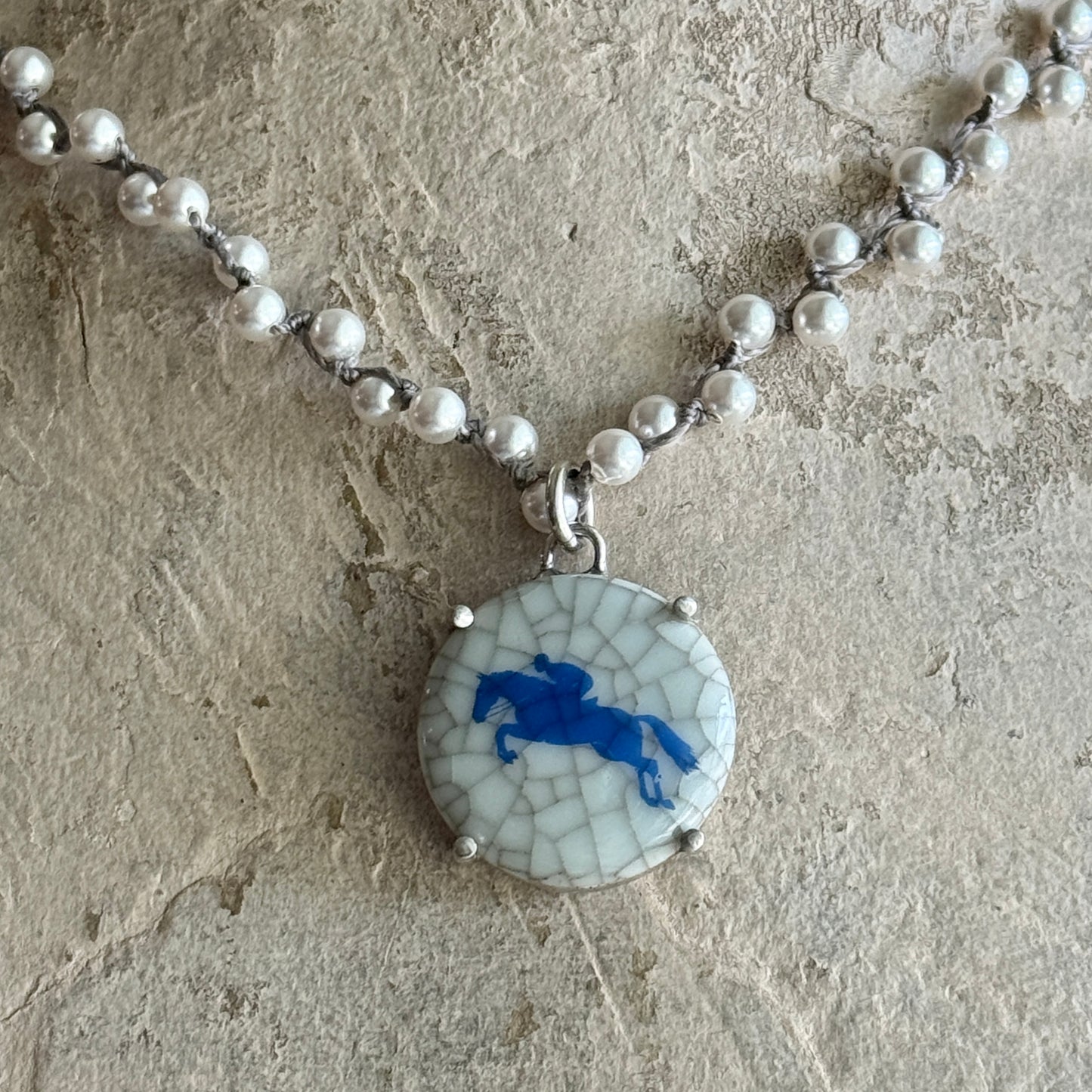 Danish Porcelain Cabachon with Jumping Horse Necklace
