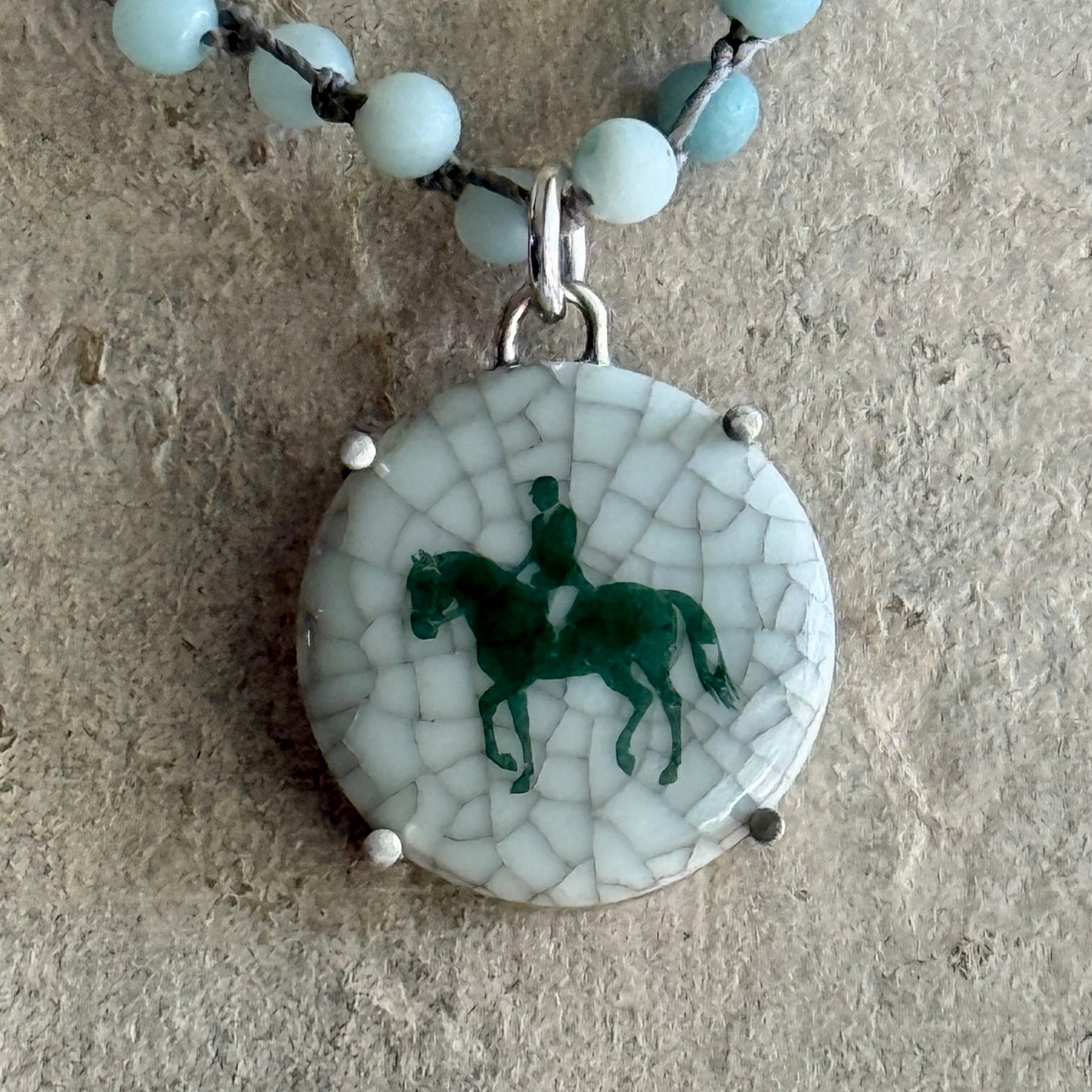 Danish Porcelain Cabachon with Green Horse Necklace