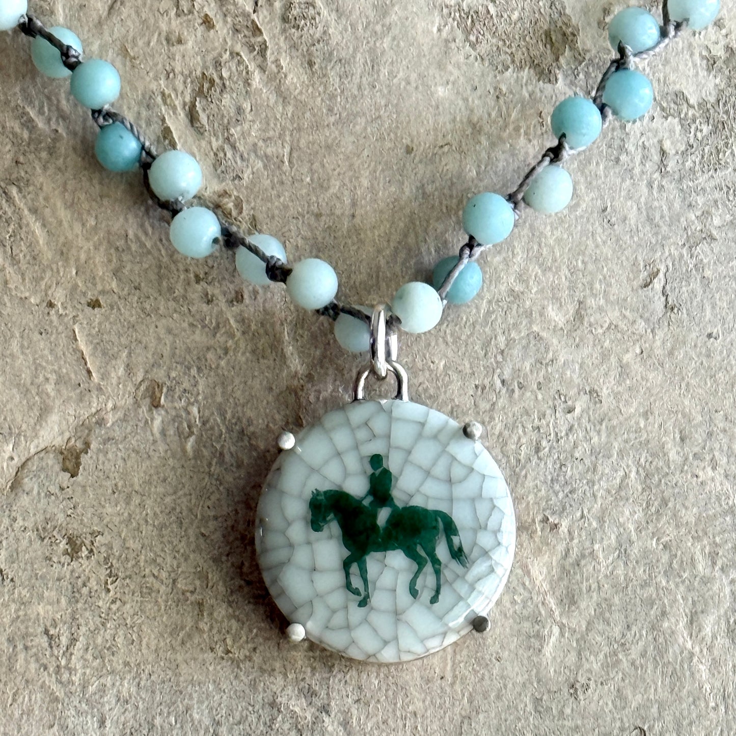 Danish Porcelain Cabachon with Green Horse Necklace