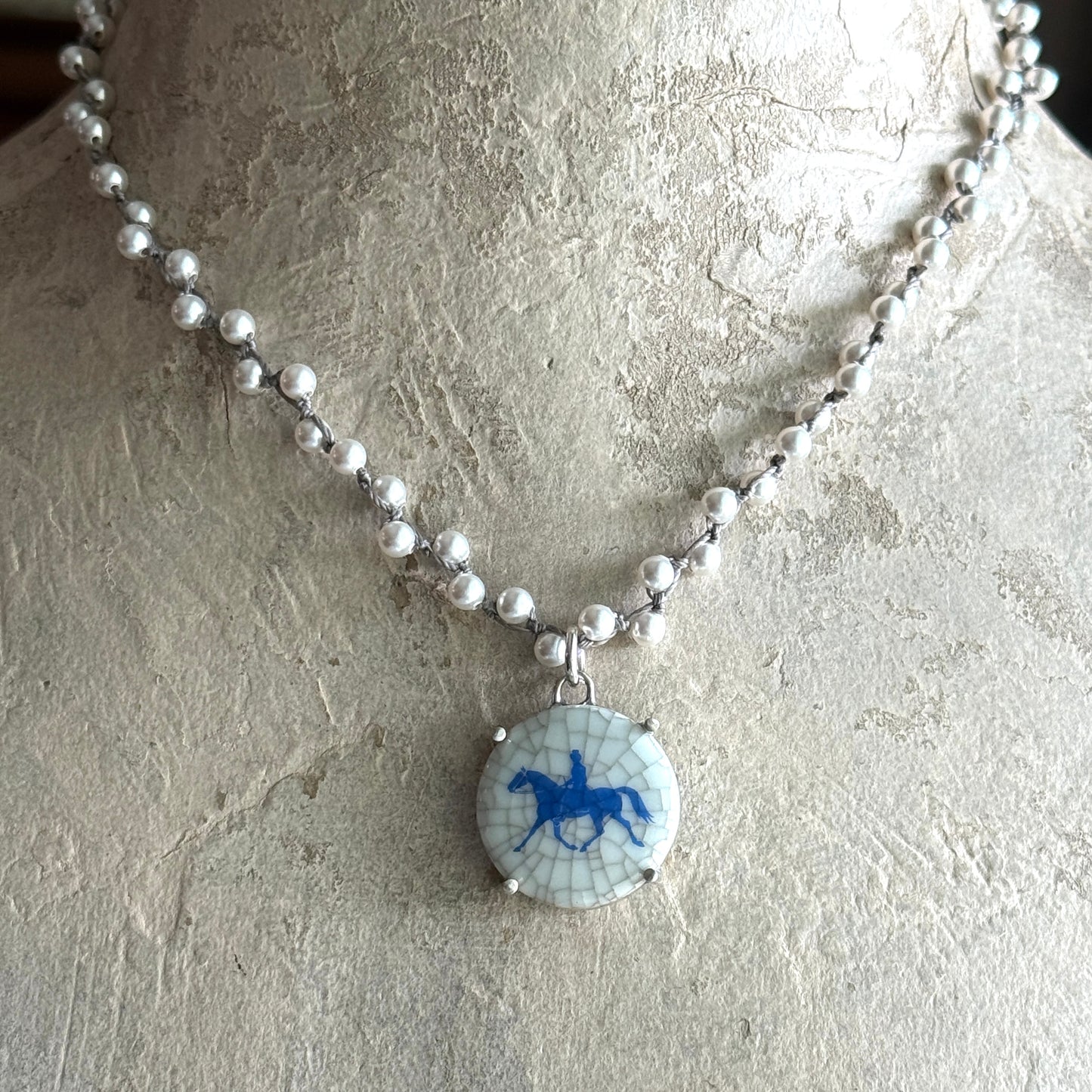 Danish Porcelain Cabachon with Trotting Horse Necklace