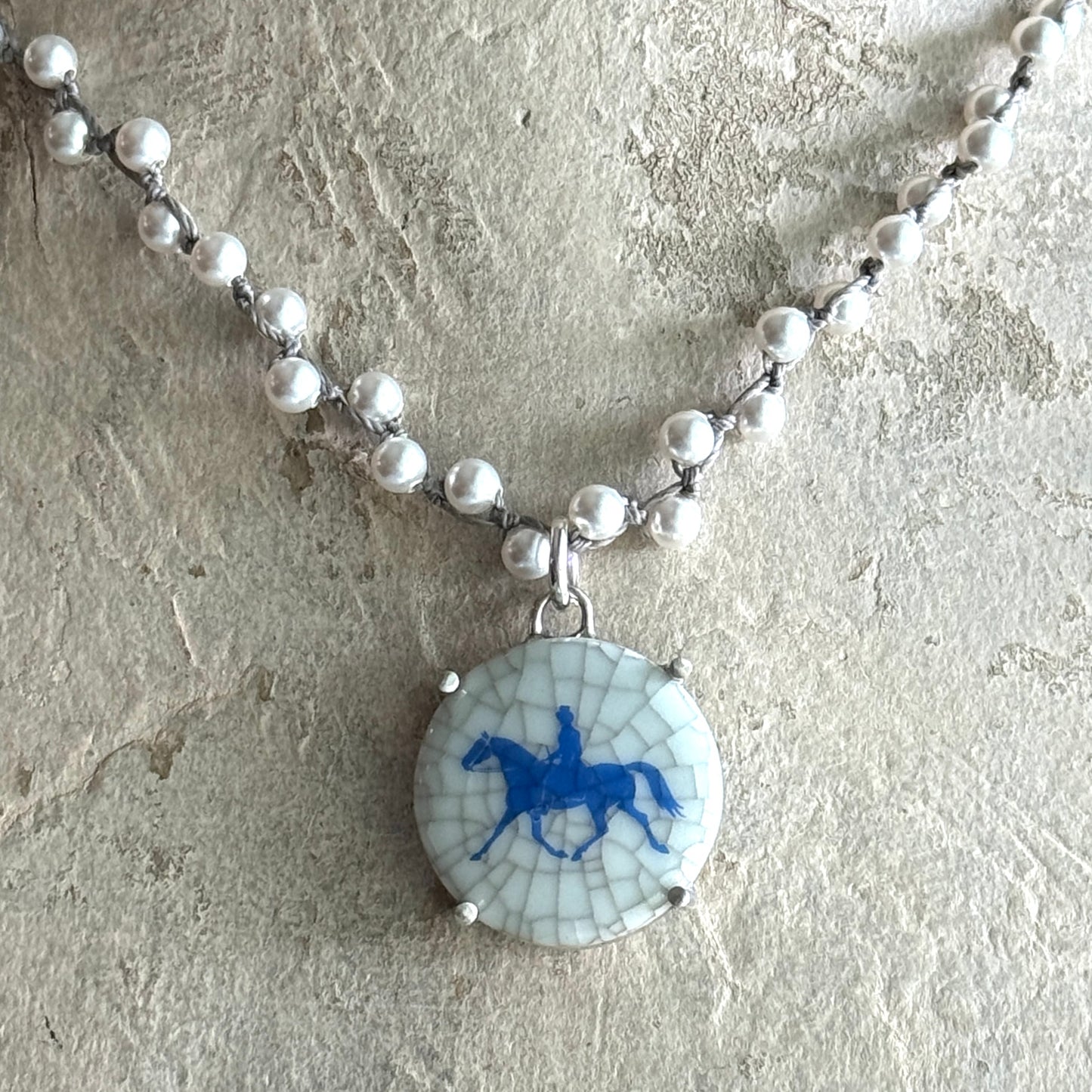 Danish Porcelain Cabachon with Trotting Horse Necklace